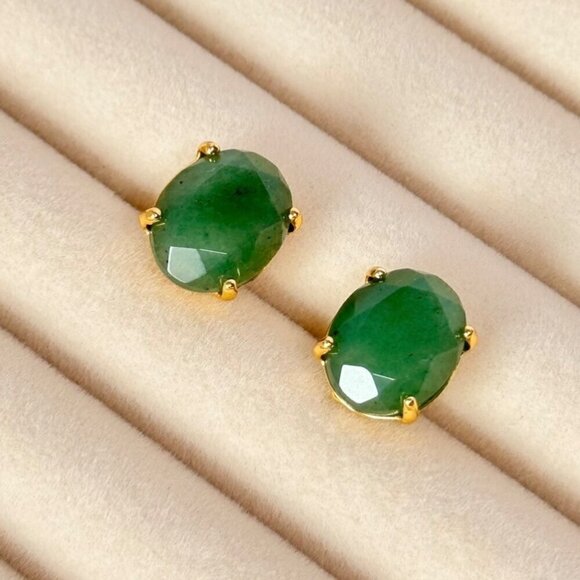 NEW Oval Stud Earrings Natural Green Aventurine 18K Gold Plated Classic 90s - Picture 3 of 11